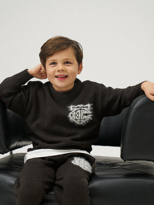 KIDS MONOGRAM FLUFFY KNIT CREW - BROWN