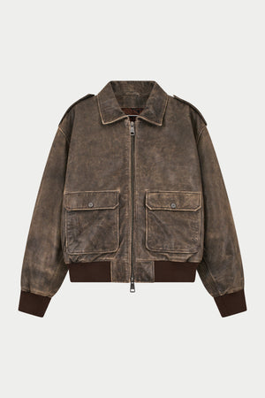 DISTRESSED LEATHER BOMBER JACKET - BROWN