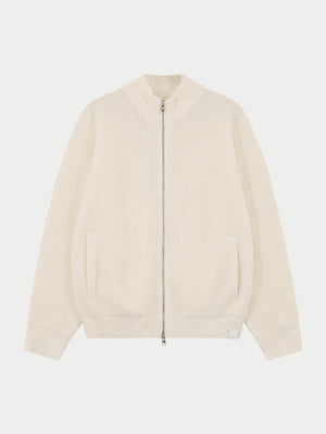 WAFFLE KNIT FUNNEL NECK ZIP THROUGH - WHITE