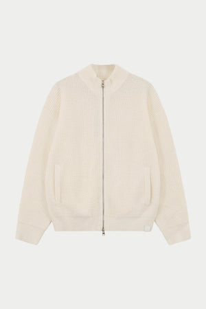WAFFLE KNIT FUNNEL NECK ZIP THROUGH - WHITE