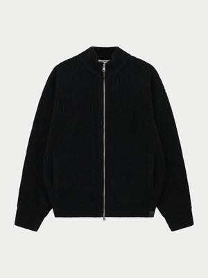 WAFFLE KNIT FUNNEL NECK ZIP THROUGH - BLACK