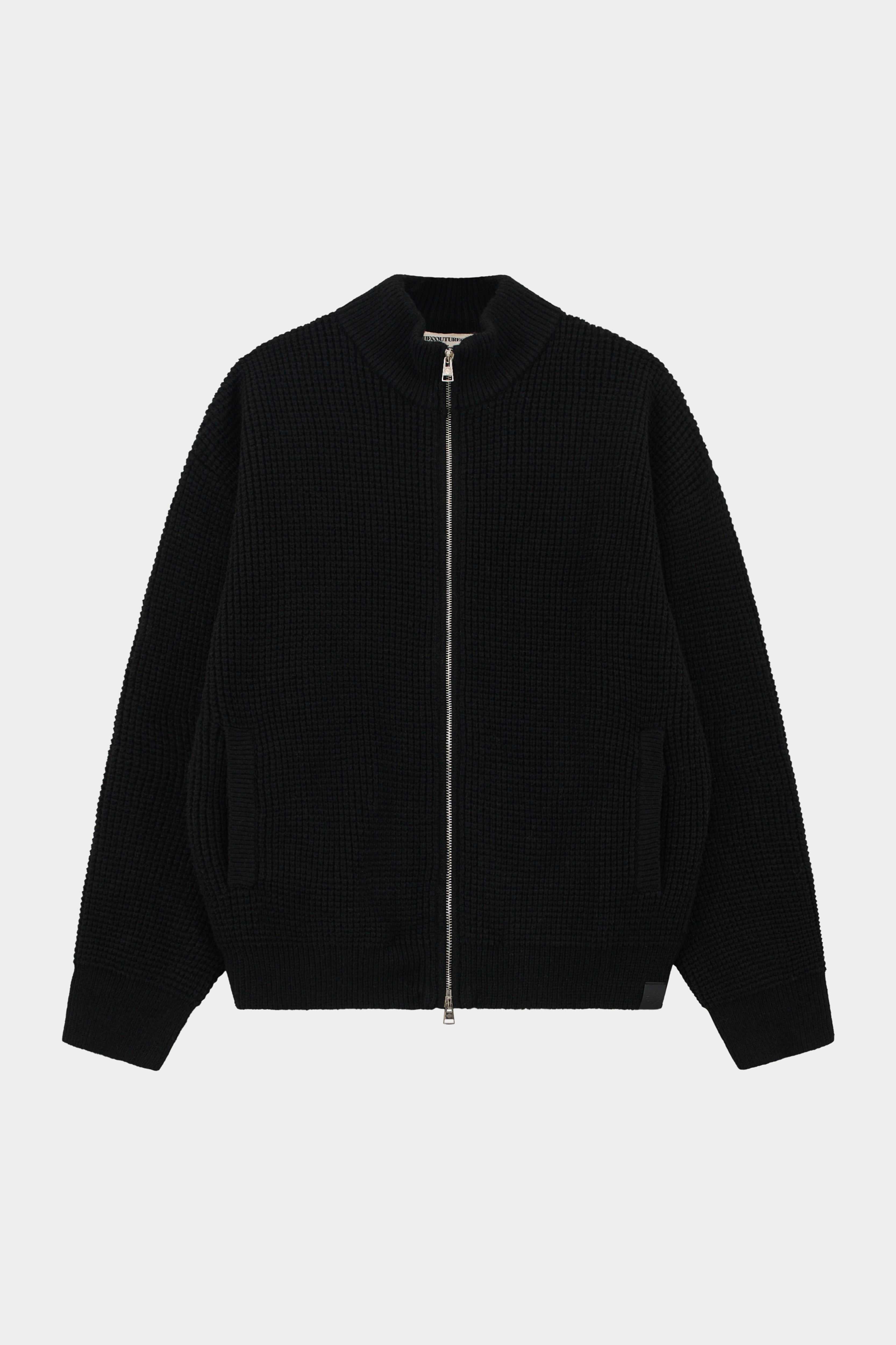 WAFFLE KNIT FUNNEL NECK ZIP THROUGH - BLACK