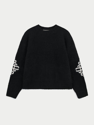 BRUSHED EMBLEM SLEEVE KNITTED CREW - BLACK