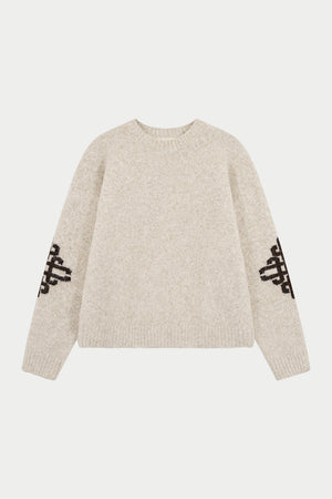 BRUSHED EMBLEM SLEEVE KNITTED CREW - BEIGE