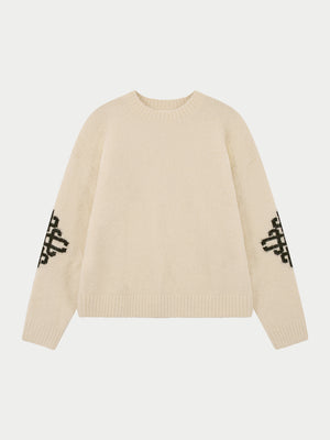 BRUSHED EMBLEM SLEEVE KNITTED CREW - OFF WHITE