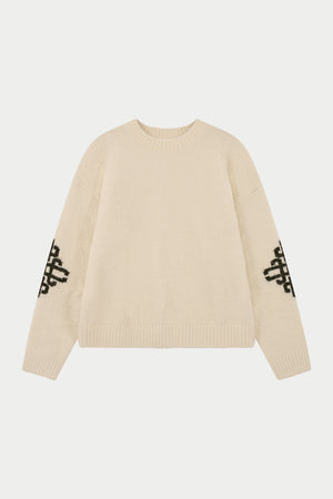BRUSHED EMBLEM SLEEVE KNITTED CREW - OFF WHITE
