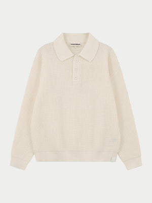 WAFFLE KNIT LONG SLEEVE POLO - WHITE