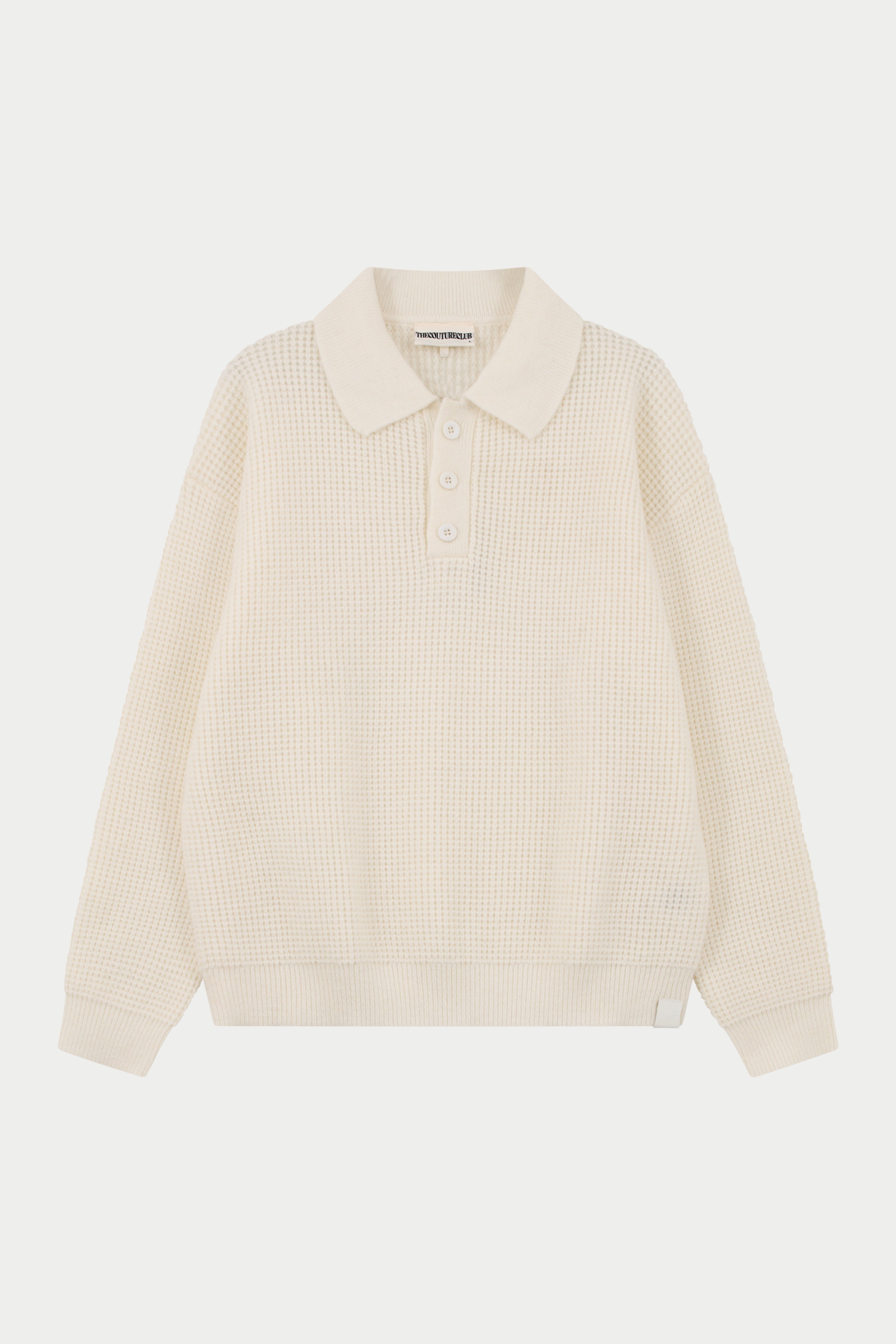 WAFFLE KNIT LONG SLEEVE POLO - WHITE