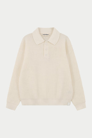 WAFFLE KNIT LONG SLEEVE POLO - WHITE