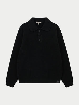 WAFFLE KNIT LONG SLEEVE POLO - BLACK