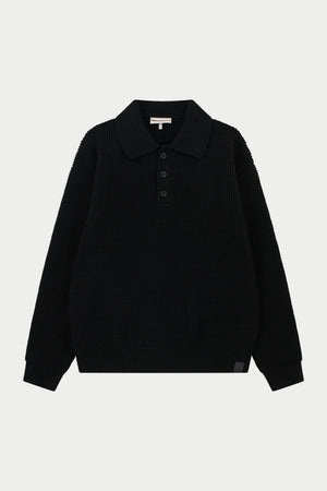 WAFFLE KNIT LONG SLEEVE POLO - BLACK