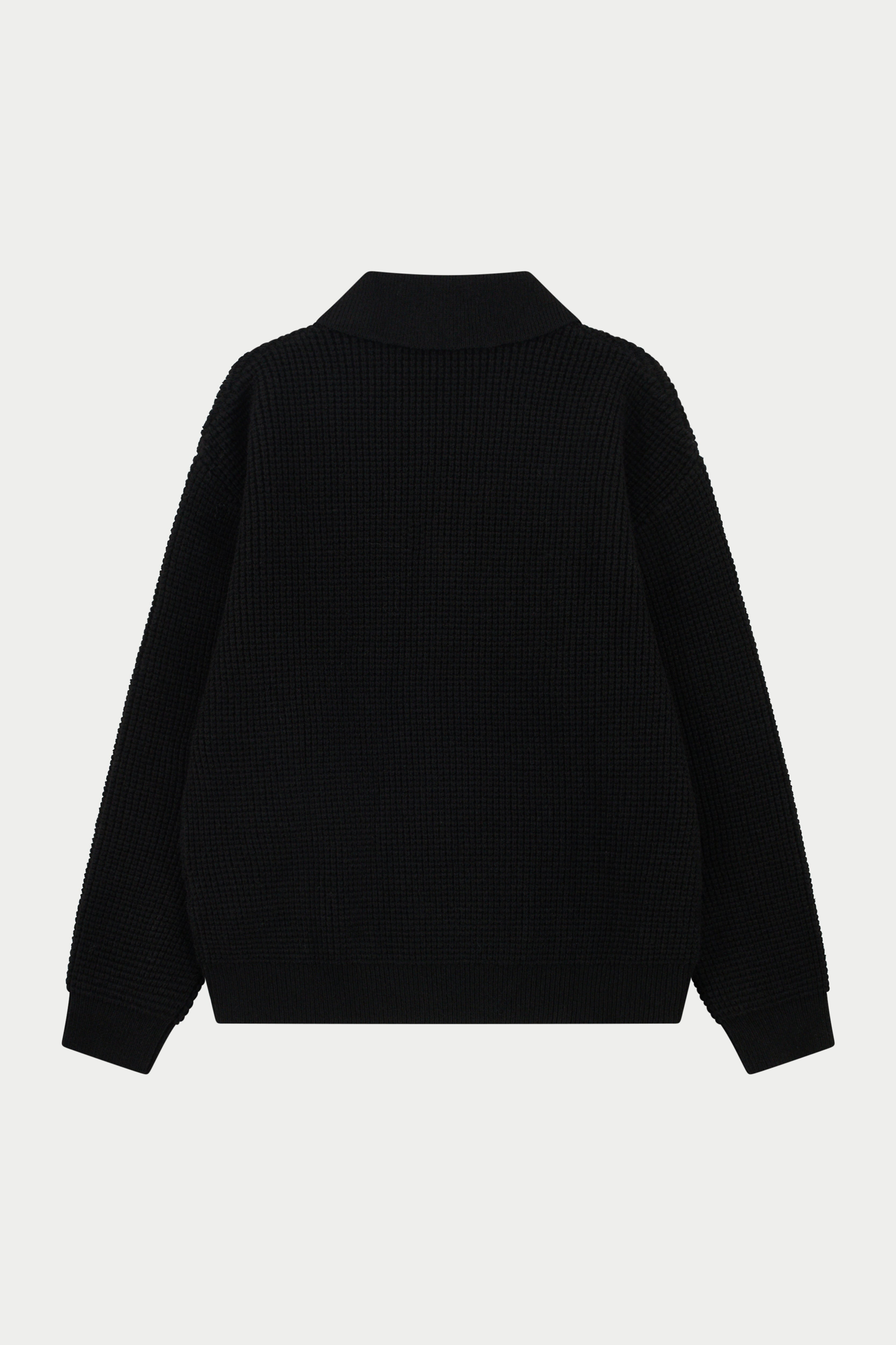 WAFFLE KNIT LONG SLEEVE POLO - BLACK