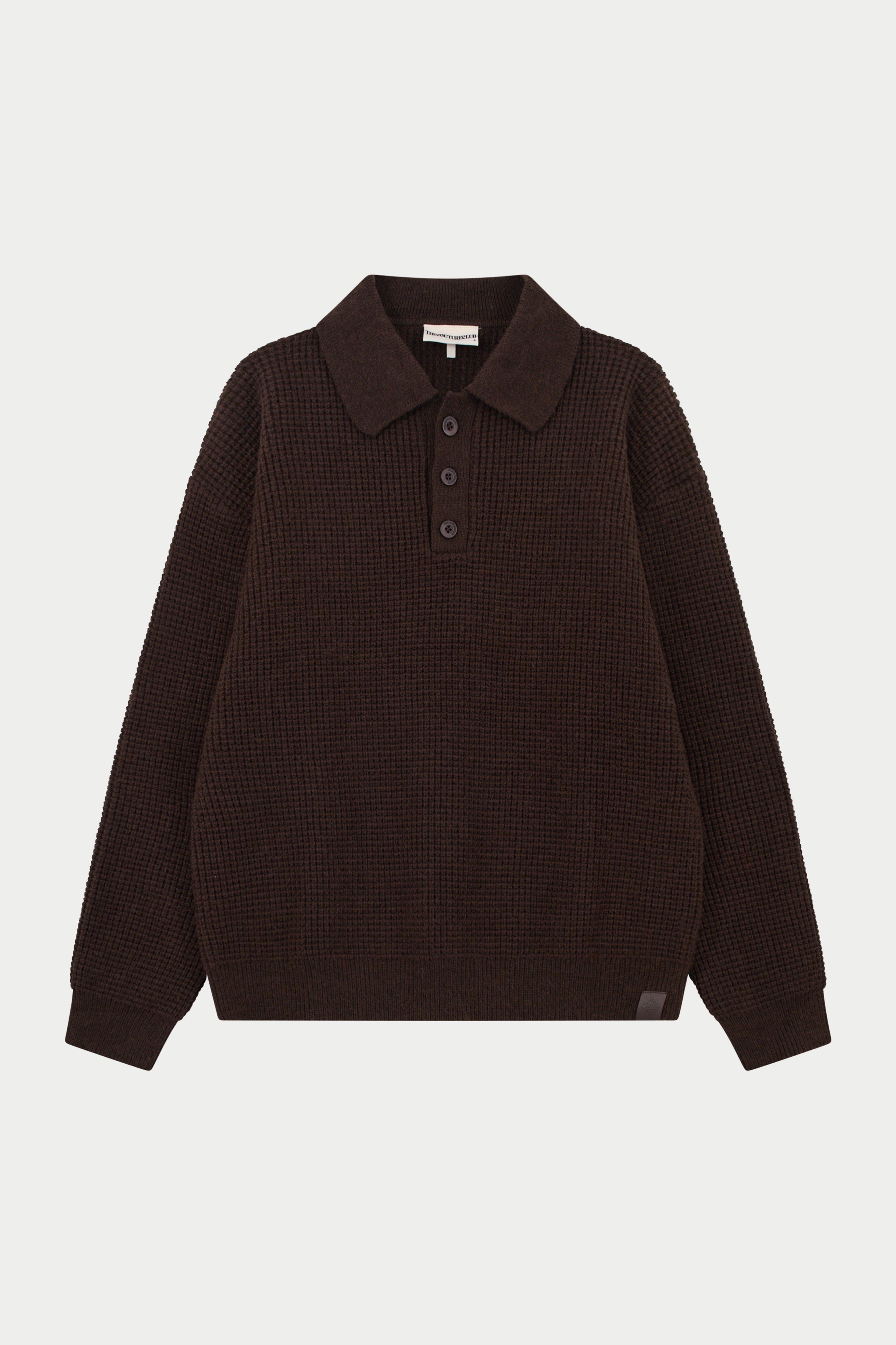 WAFFLE KNIT LONG SLEEVE POLO - BROWN – The Couture Club