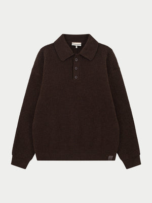 WAFFLE KNIT LONG SLEEVE POLO - BROWN