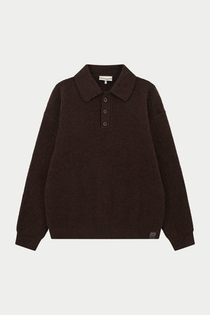 WAFFLE KNIT LONG SLEEVE POLO - BROWN