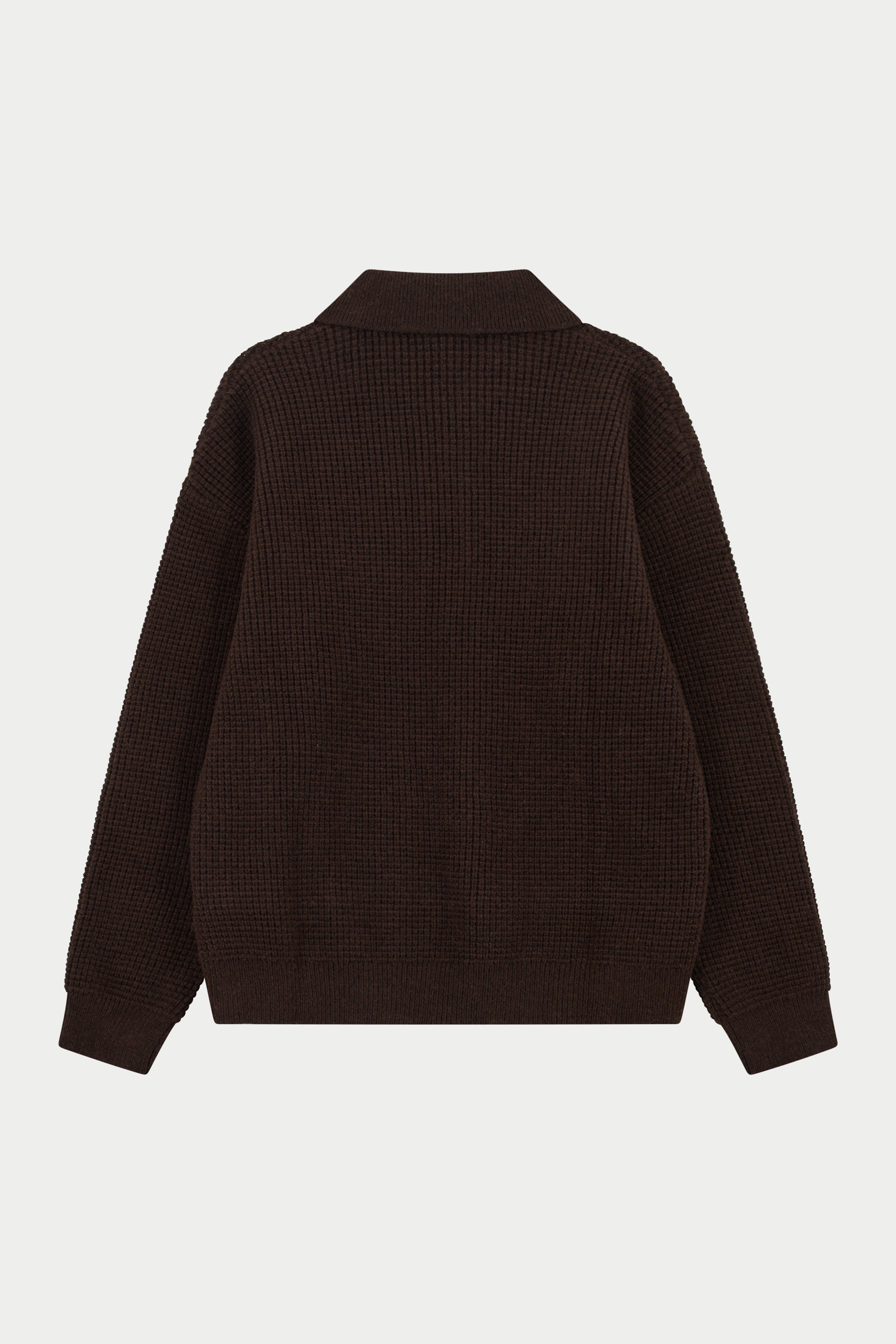 WAFFLE KNIT LONG SLEEVE POLO - BROWN