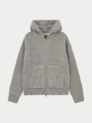 HEAVY RIB KNITTED ZIP THROUGH HOODIE - GREY MARL