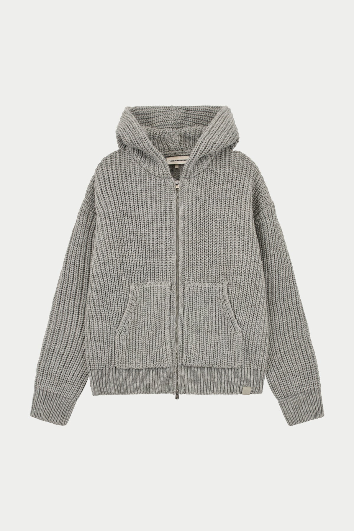 HEAVY RIB KNITTED ZIP THROUGH HOODIE - GREY MARL