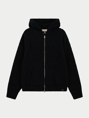 HEAVY RIB KNITTED ZIP THROUGH HOODIE - BLACK