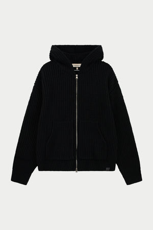 HEAVY RIB KNITTED ZIP THROUGH HOODIE - BLACK