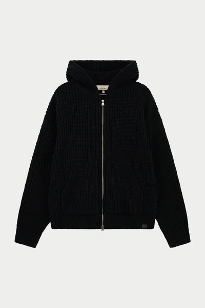 HEAVY RIB KNITTED ZIP THROUGH HOODIE - BLACK – The Couture Club