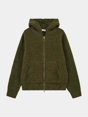 HEAVY RIB KNITTED ZIP THROUGH HOODIE - KHAKI