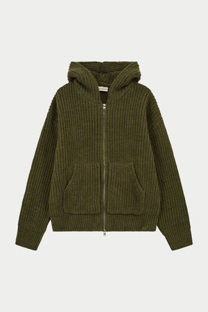 HEAVY RIB KNITTED ZIP THROUGH HOODIE - KHAKI