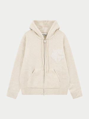 MONOGRAM FLUFFY KNIT ZIP THROUGH HOODIE - BEIGE