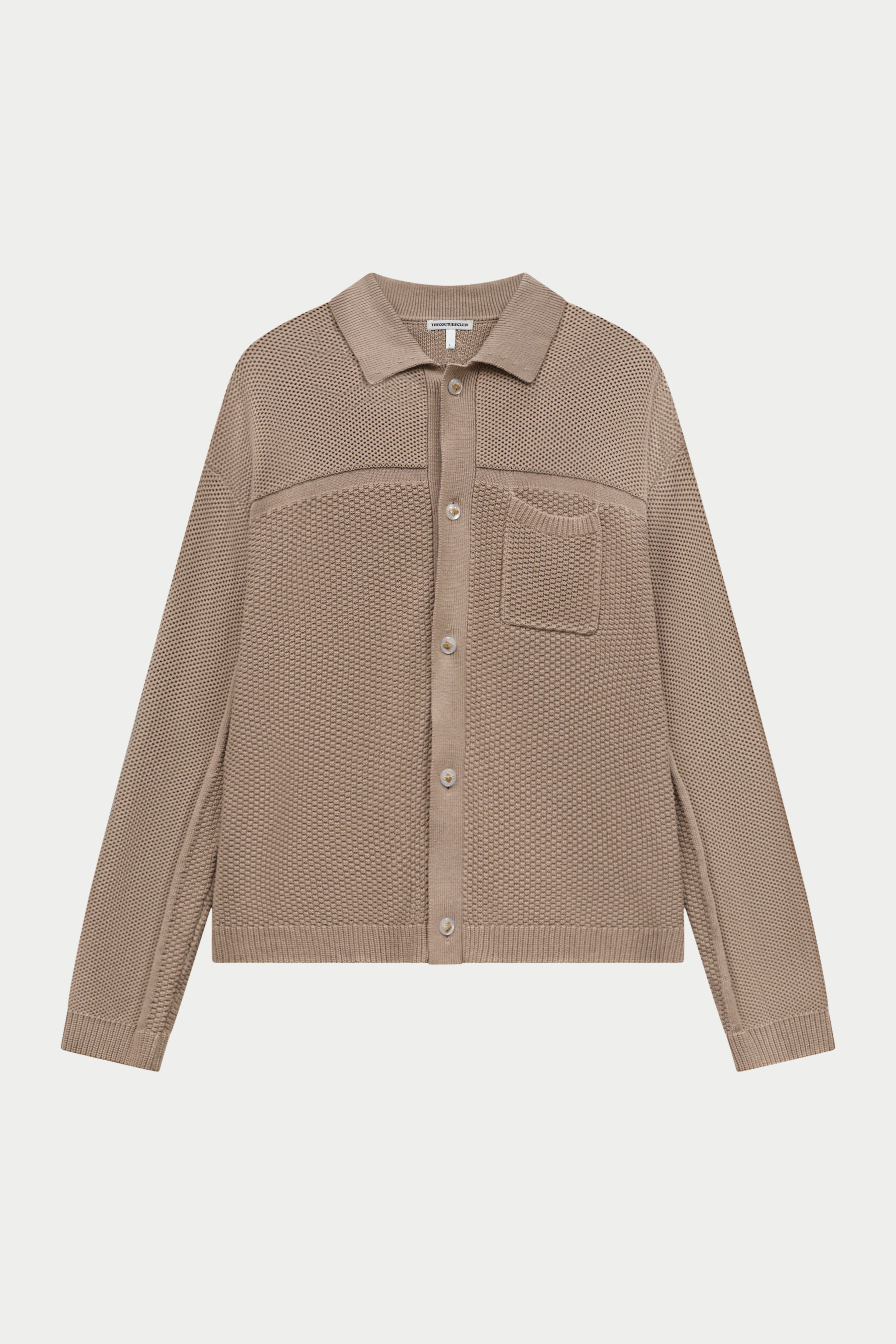 CONTRAST KNIT CROCHET LONG SLEEVE SHIRT - BROWN