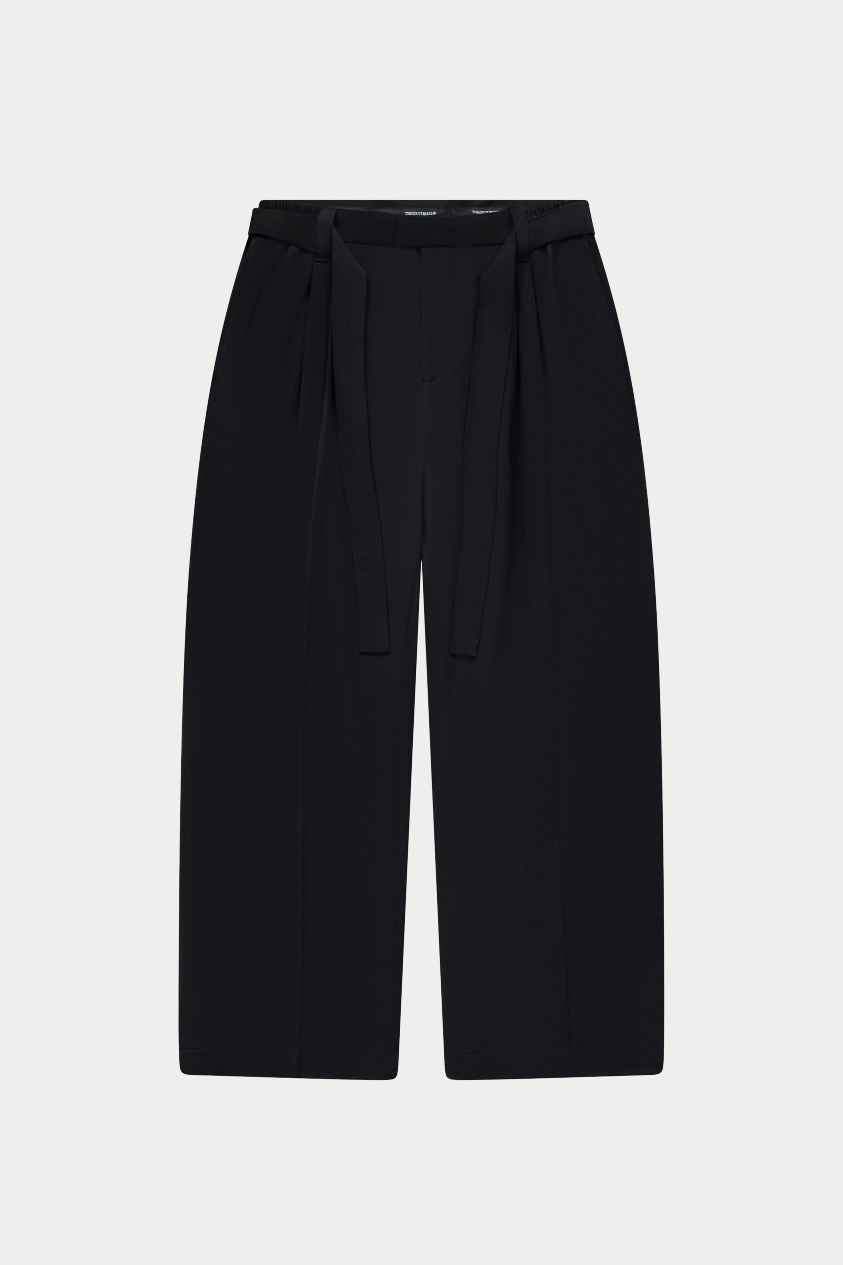 Black tailored pants with belt on a white background