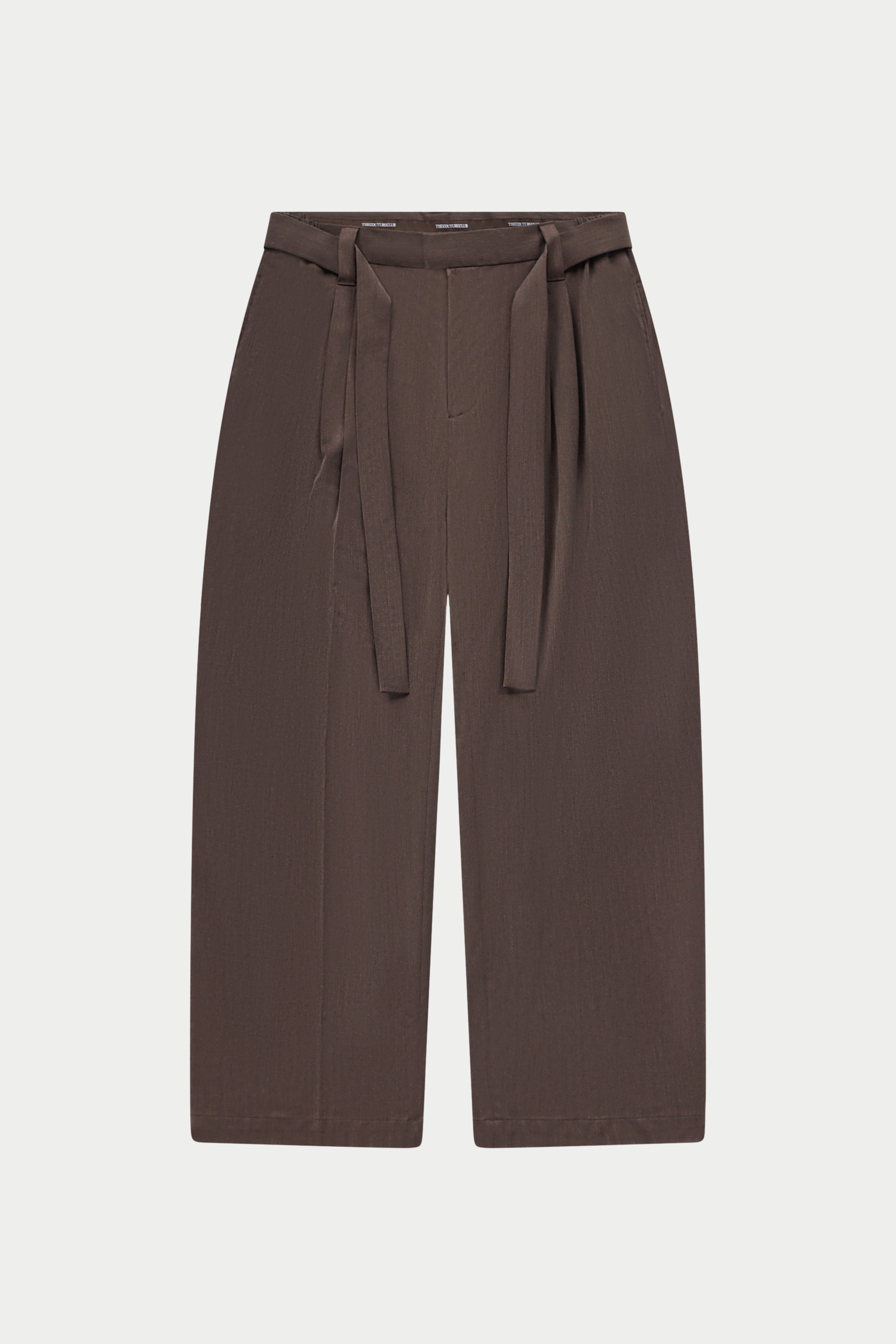 Brown tailored pants with a belt on a white background