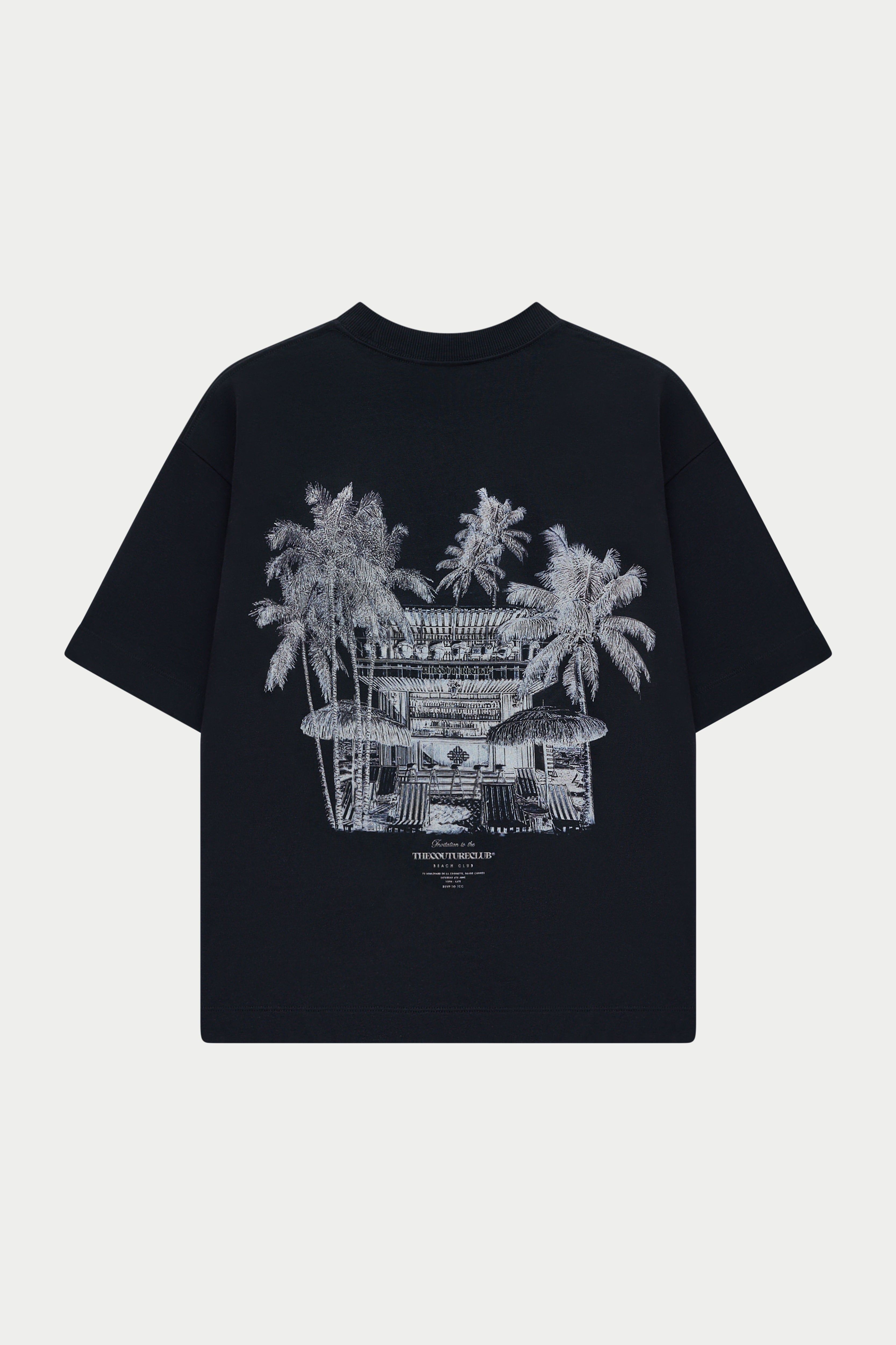 Black t-shirt with white graphic design on a white background