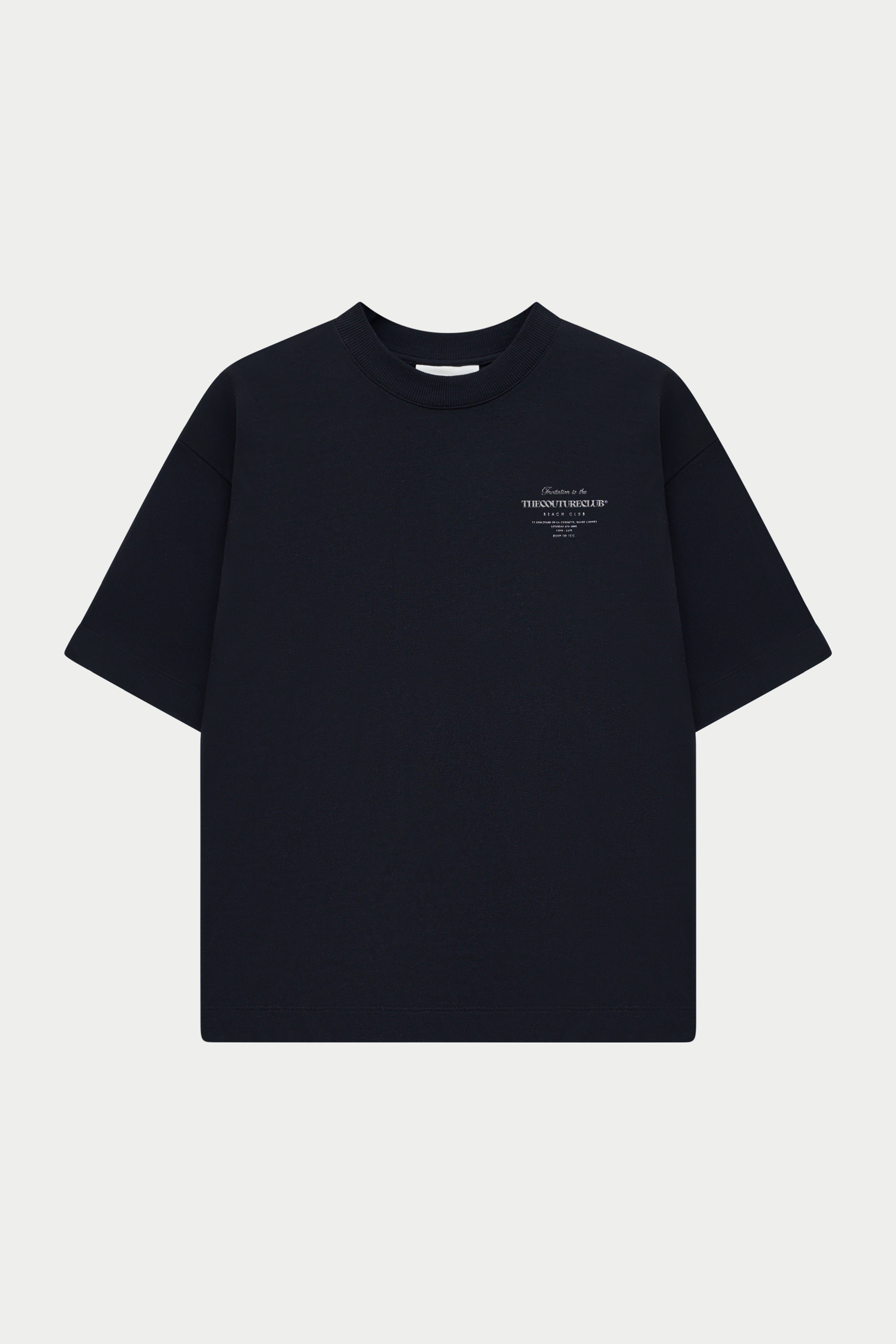 Black t-shirt with a small white logo on a white background