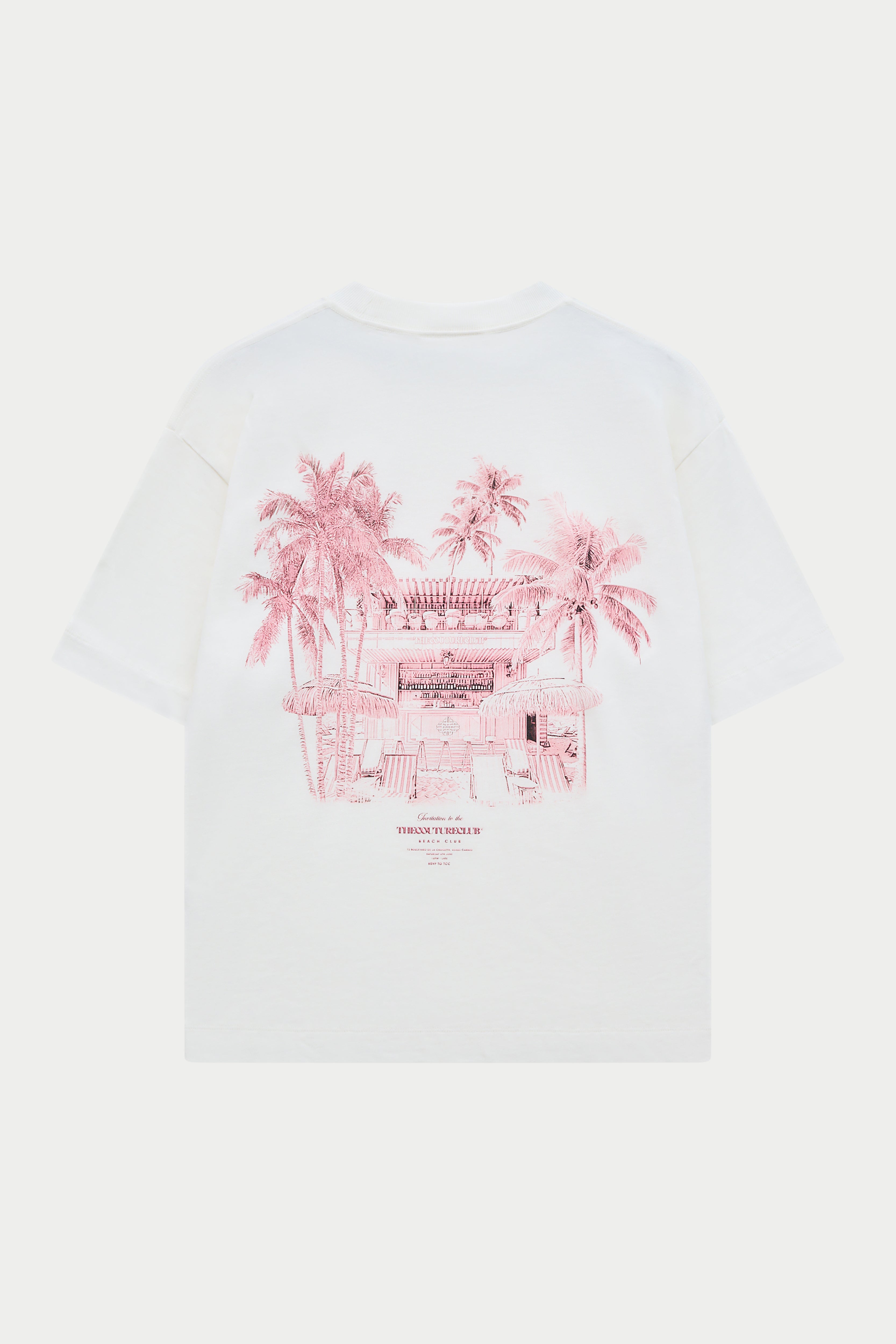 White t-shirt with pink graphic design on a white background