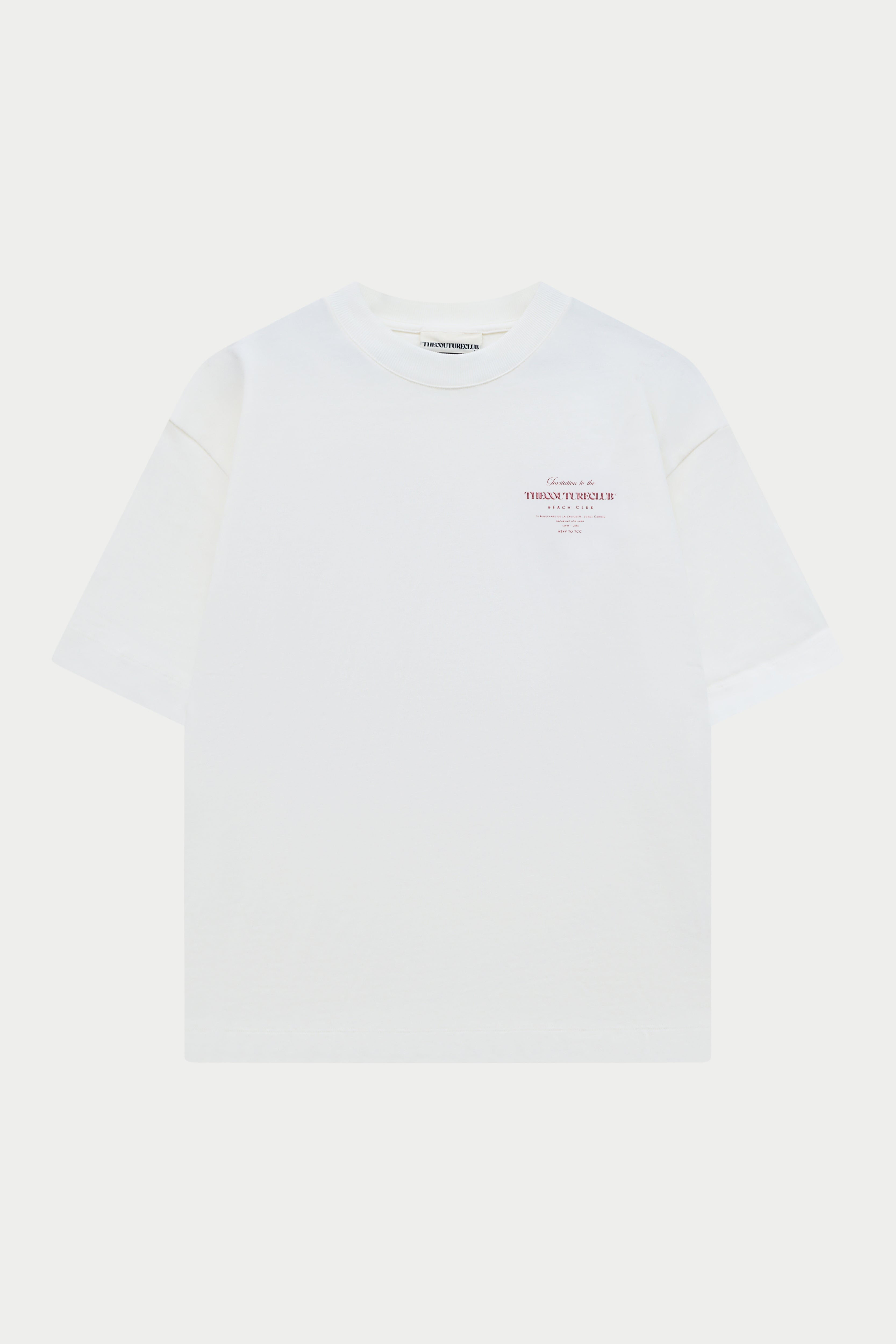 White t-shirt with a pink brand logo on a white background