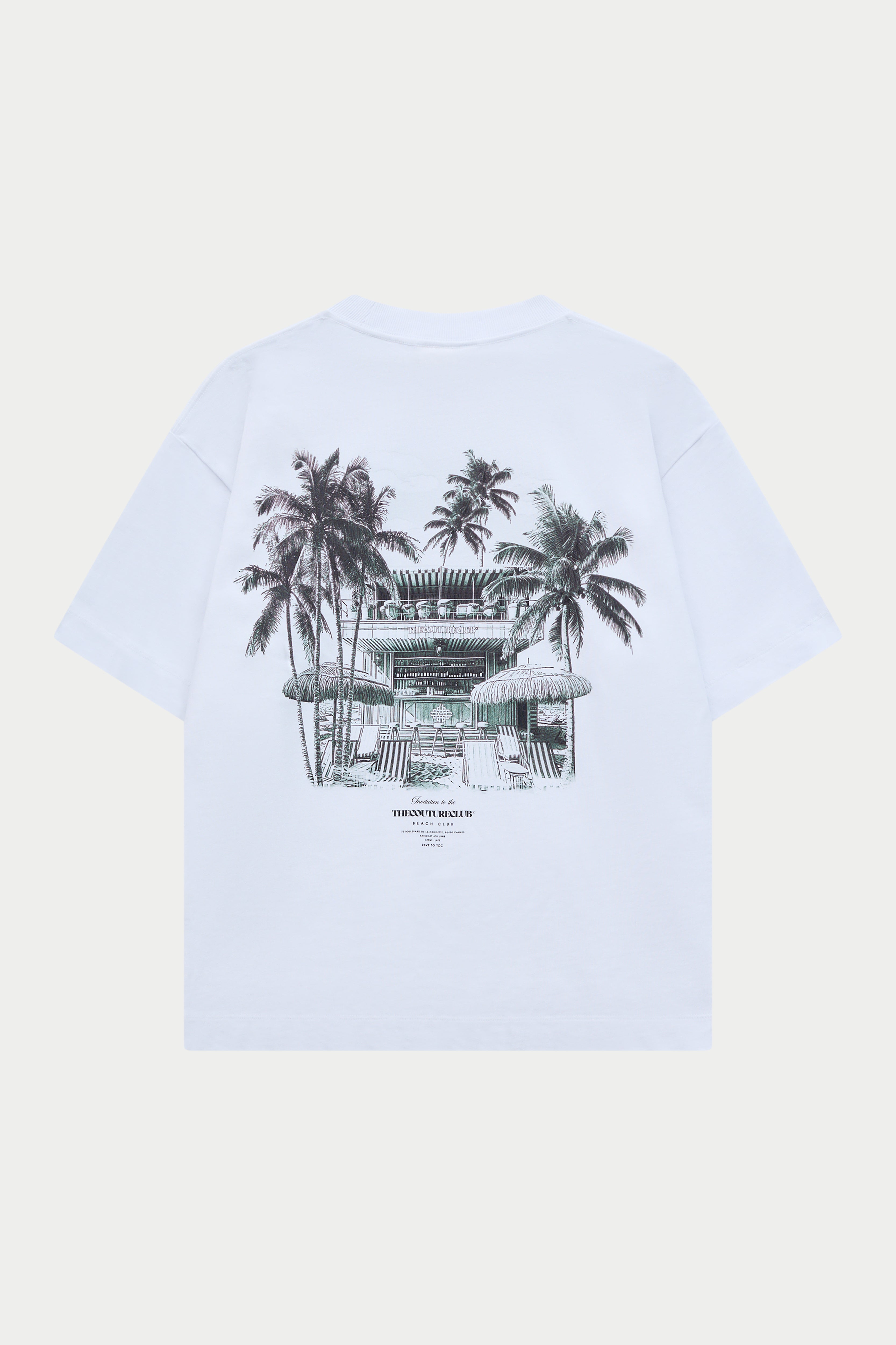 White t-shirt with a green graphic of a beach club and palm trees on a white background