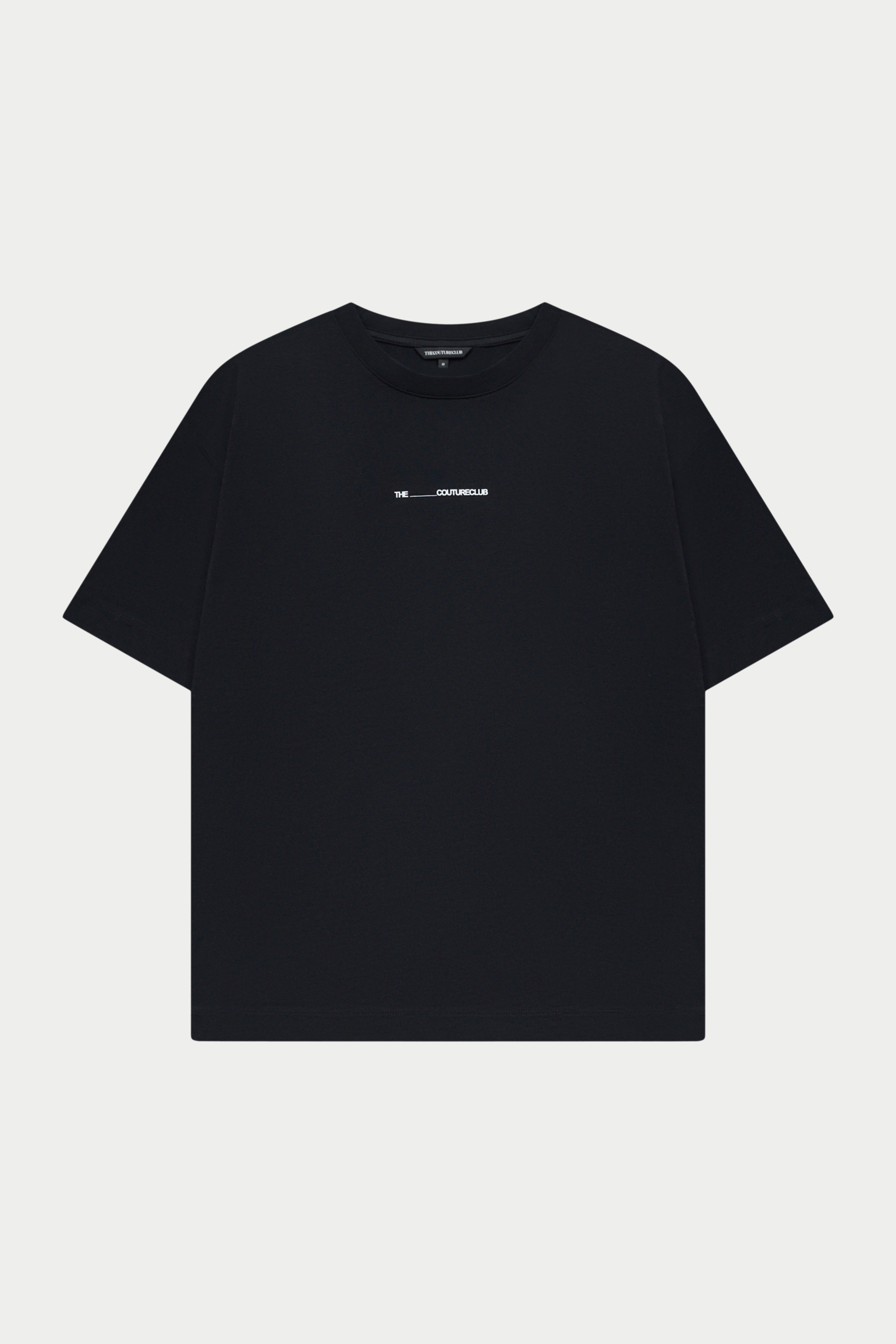 Black t-shirt with a small white logo on a white background