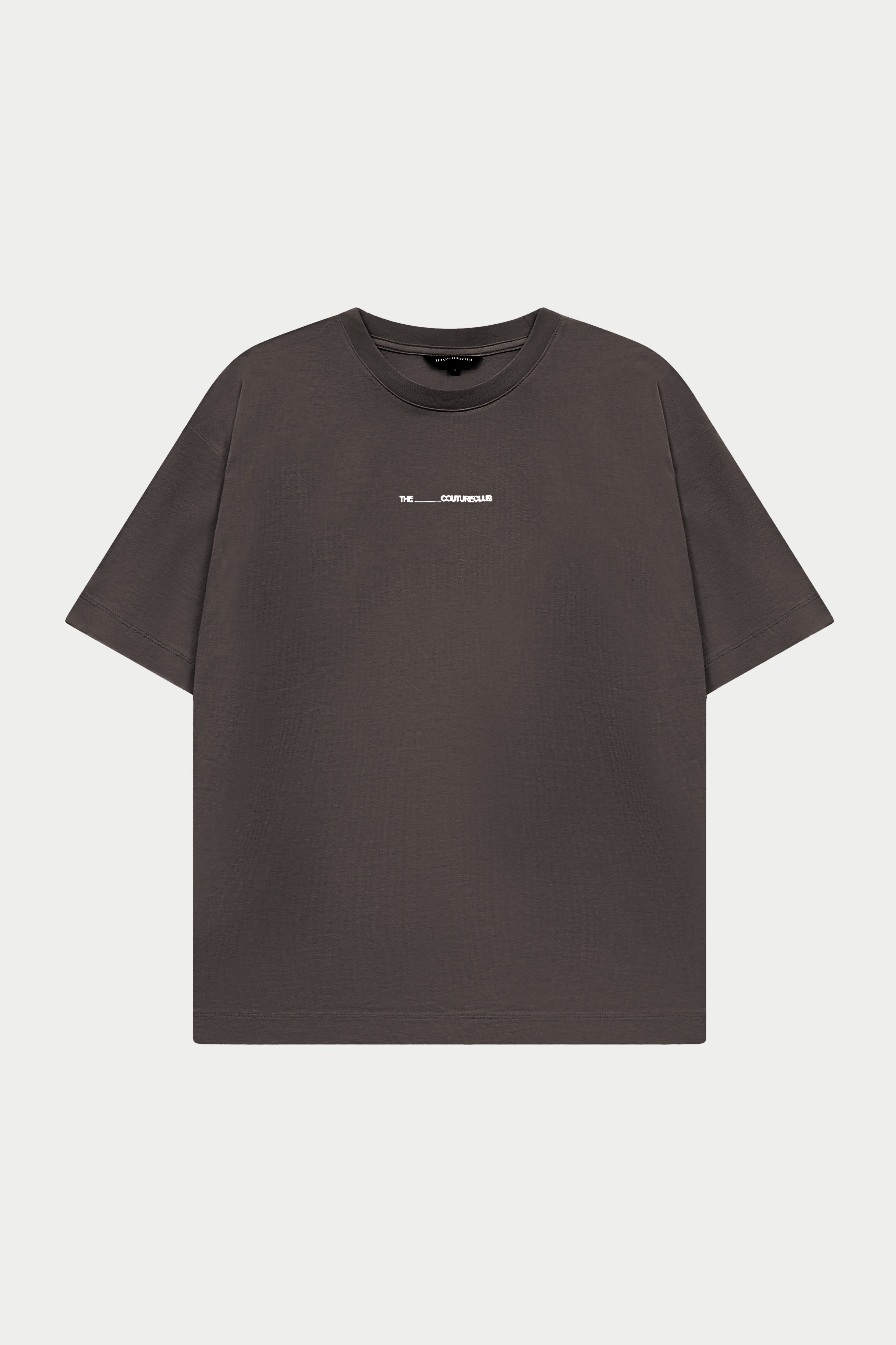Dark grey t-shirt with a small white logo on a white background