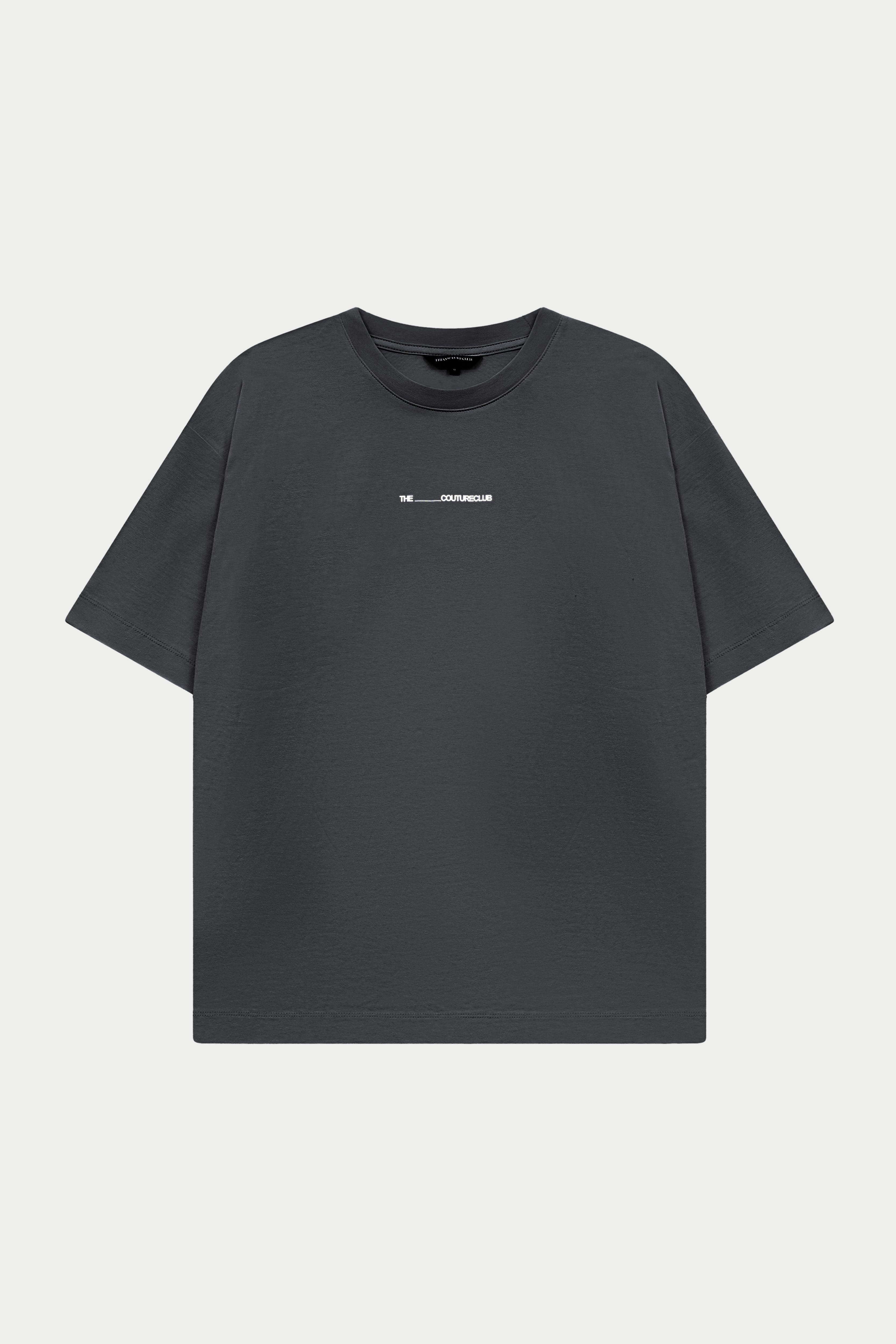 Black t-shirt with a small white logo on a light grey background