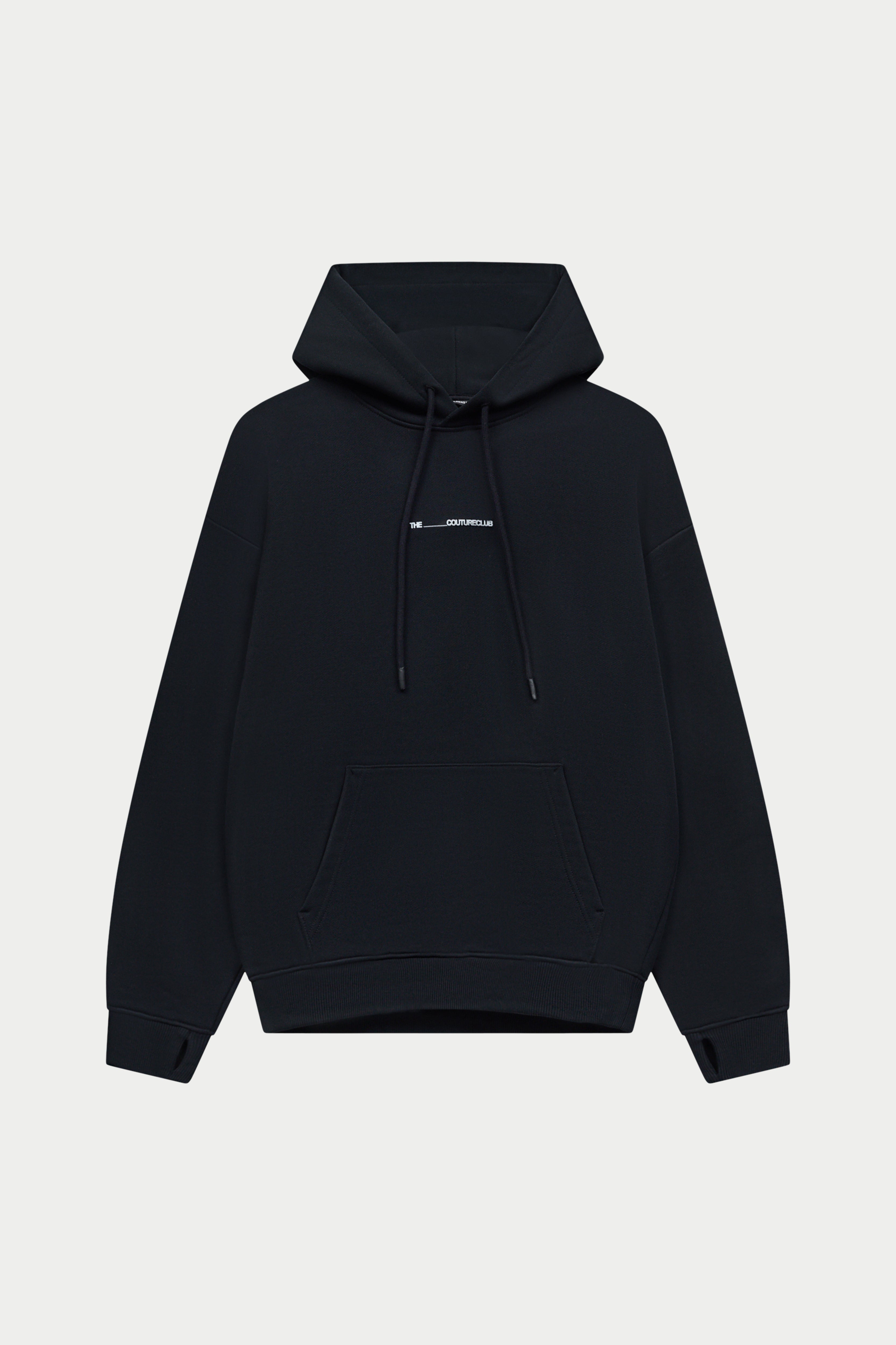 Black hoodie with a small white logo on a white background
