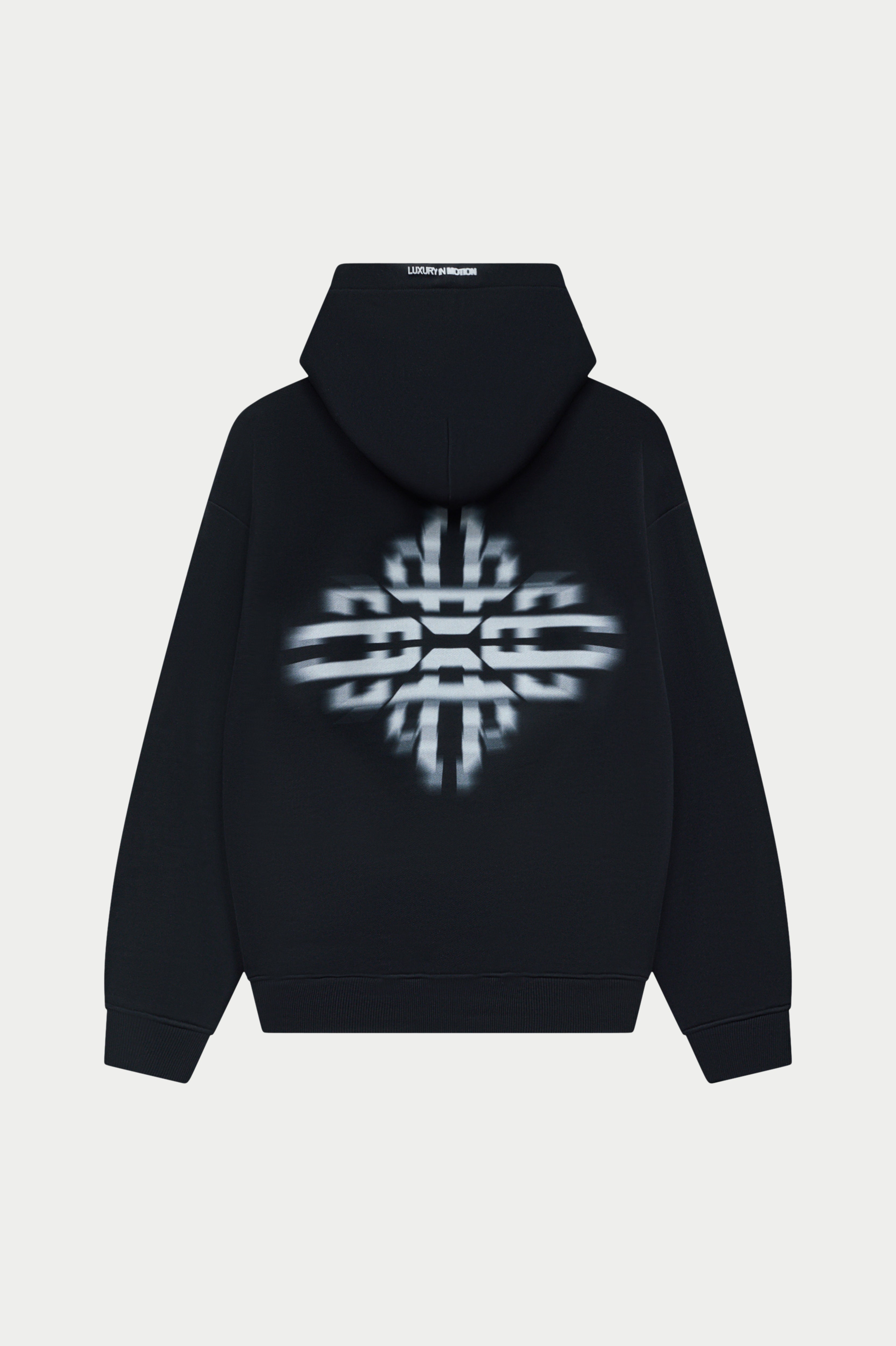 Black hoodie with a white geometric branding design on the back against a white background
