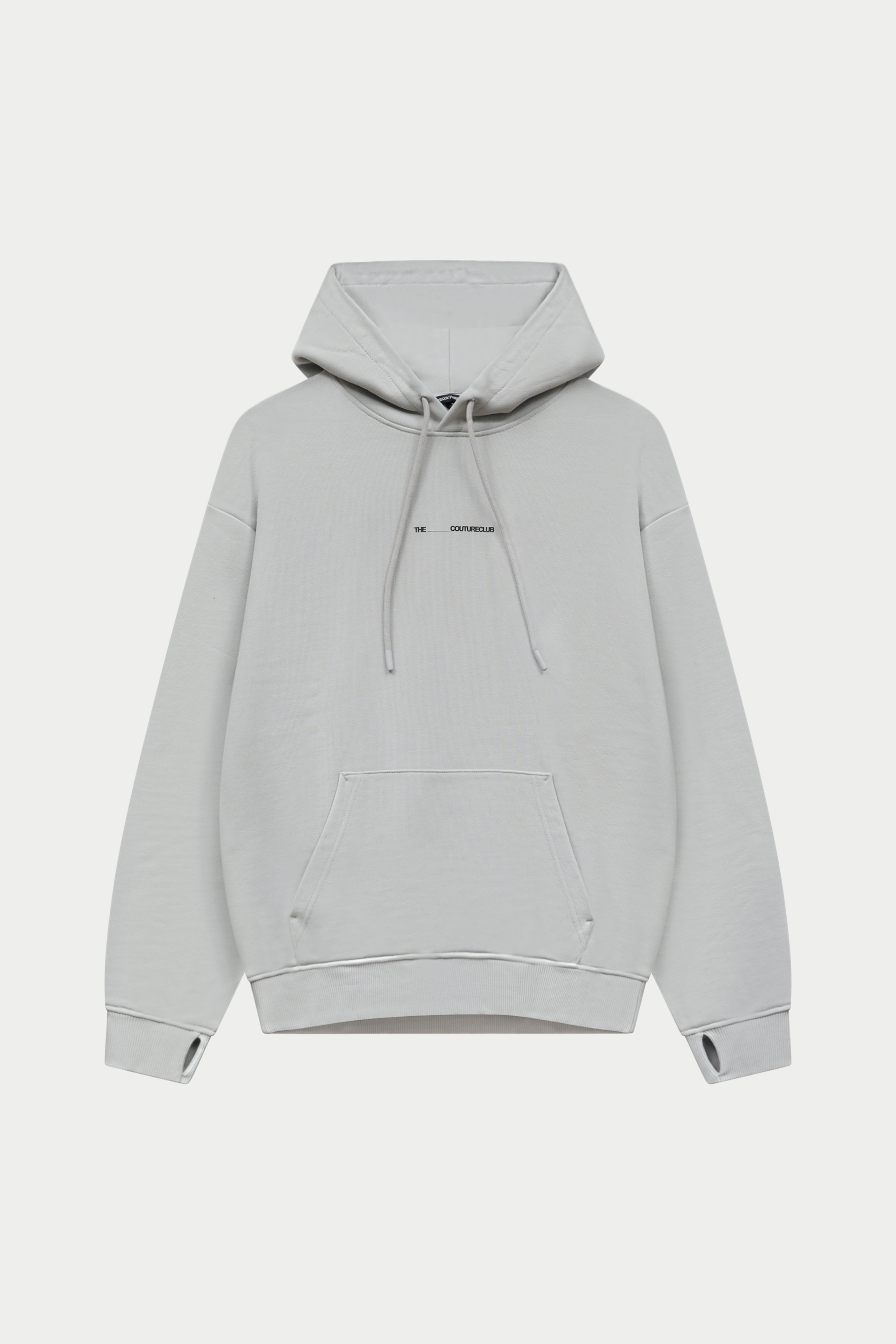 Grey hoodie with a small black logo on a white background