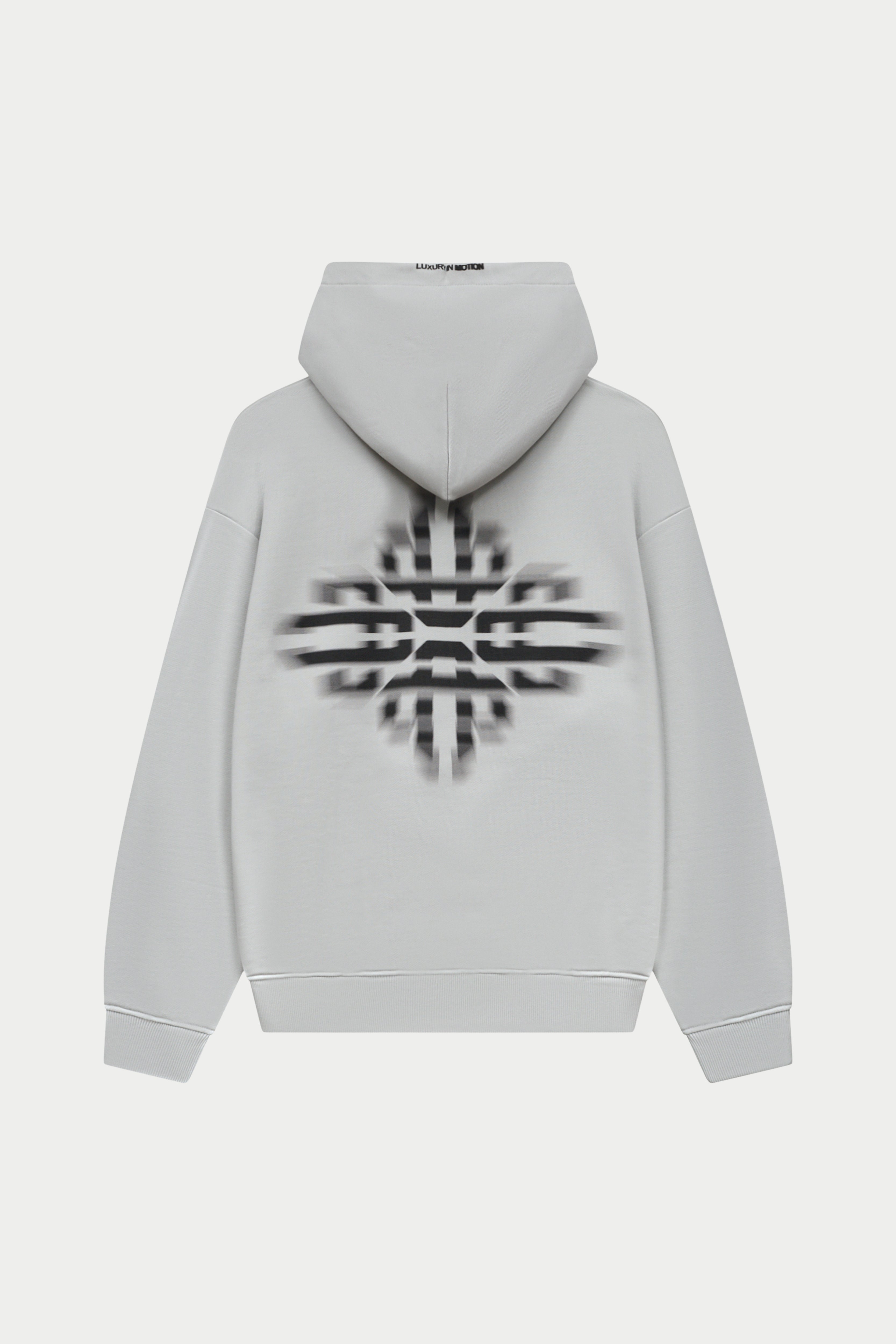 Grey hoodie with a black logo on the back against a white background