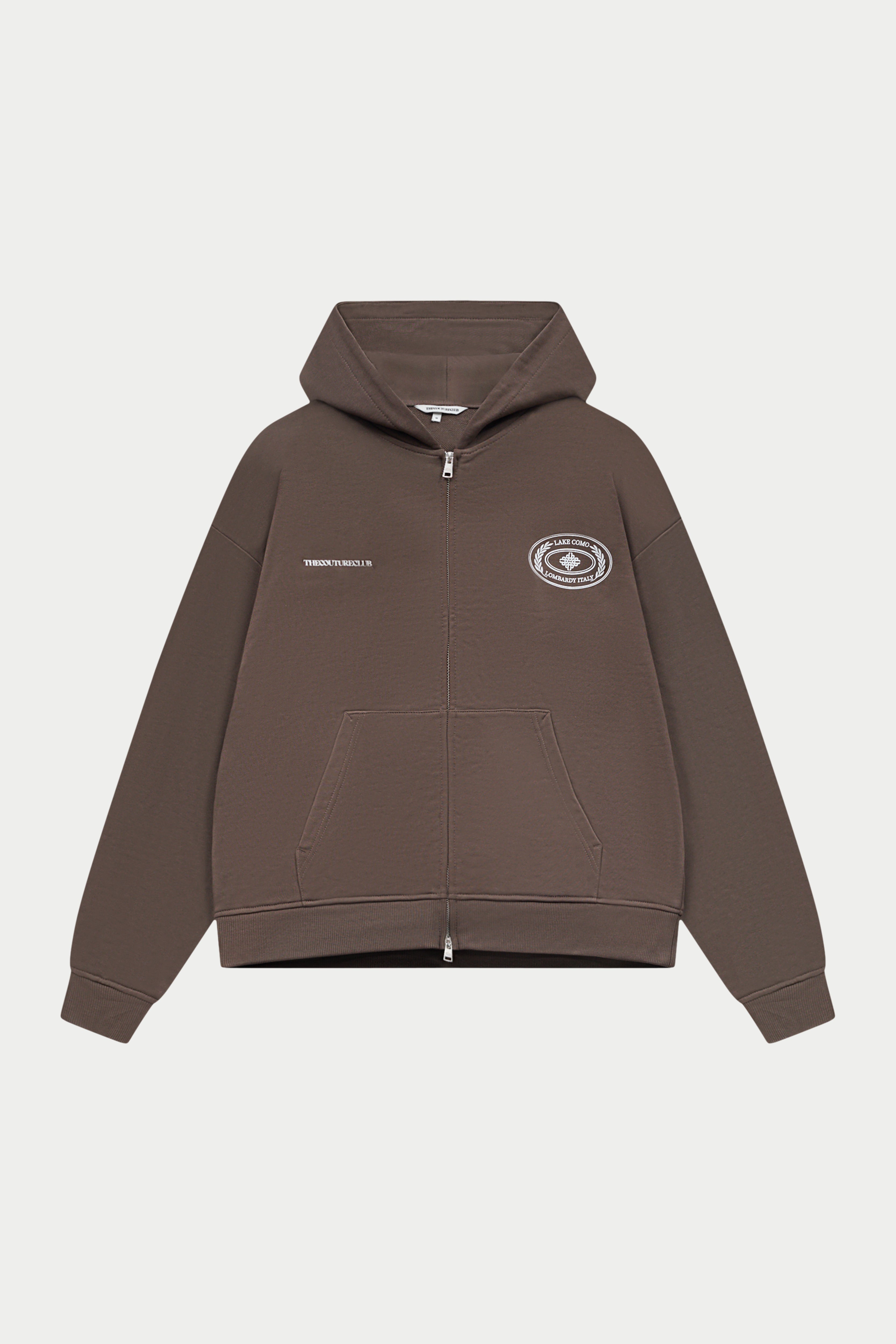 Brown hoodie with a logo on the chest against a white background