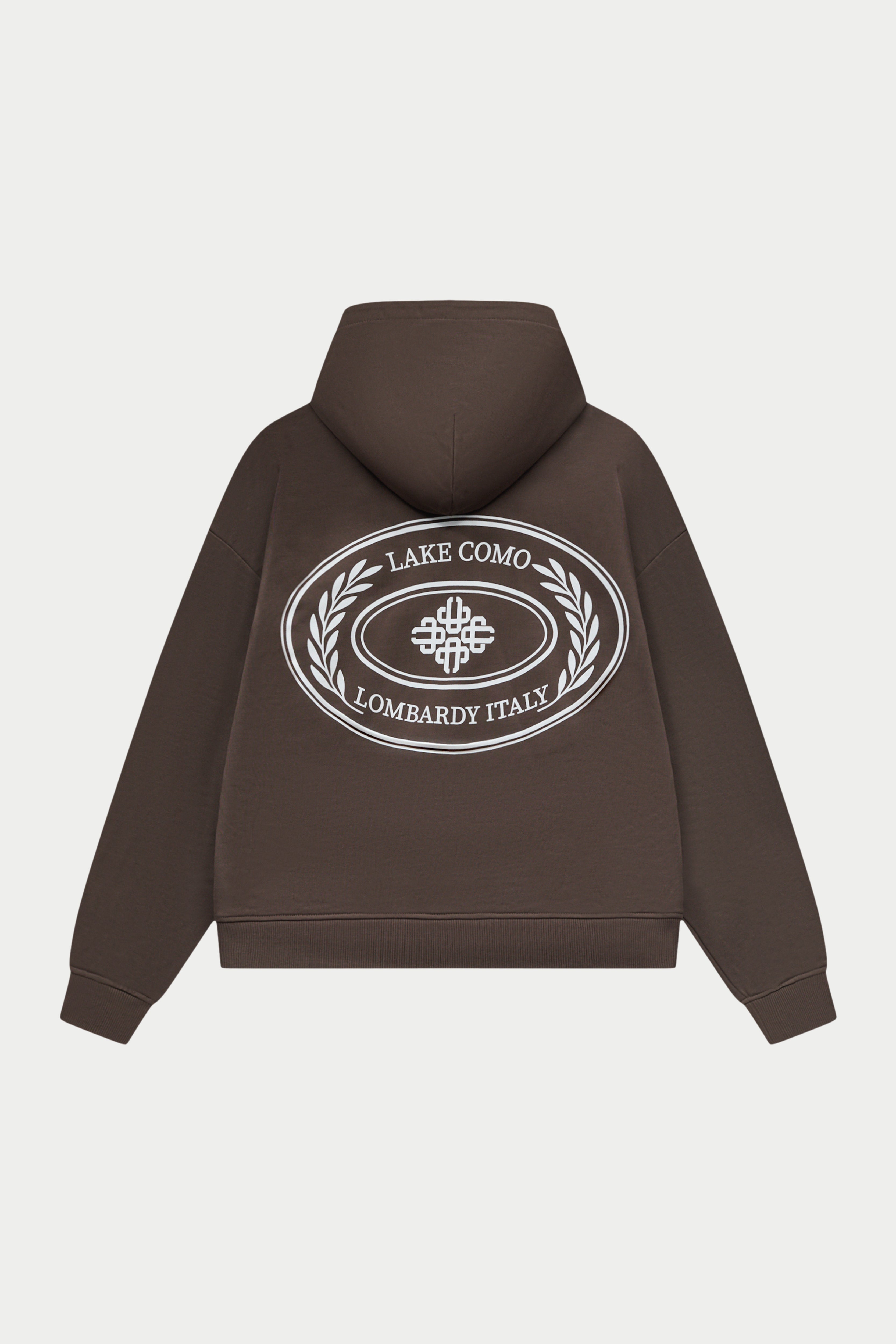Brown hoodie with a logo and text on the back against a white background