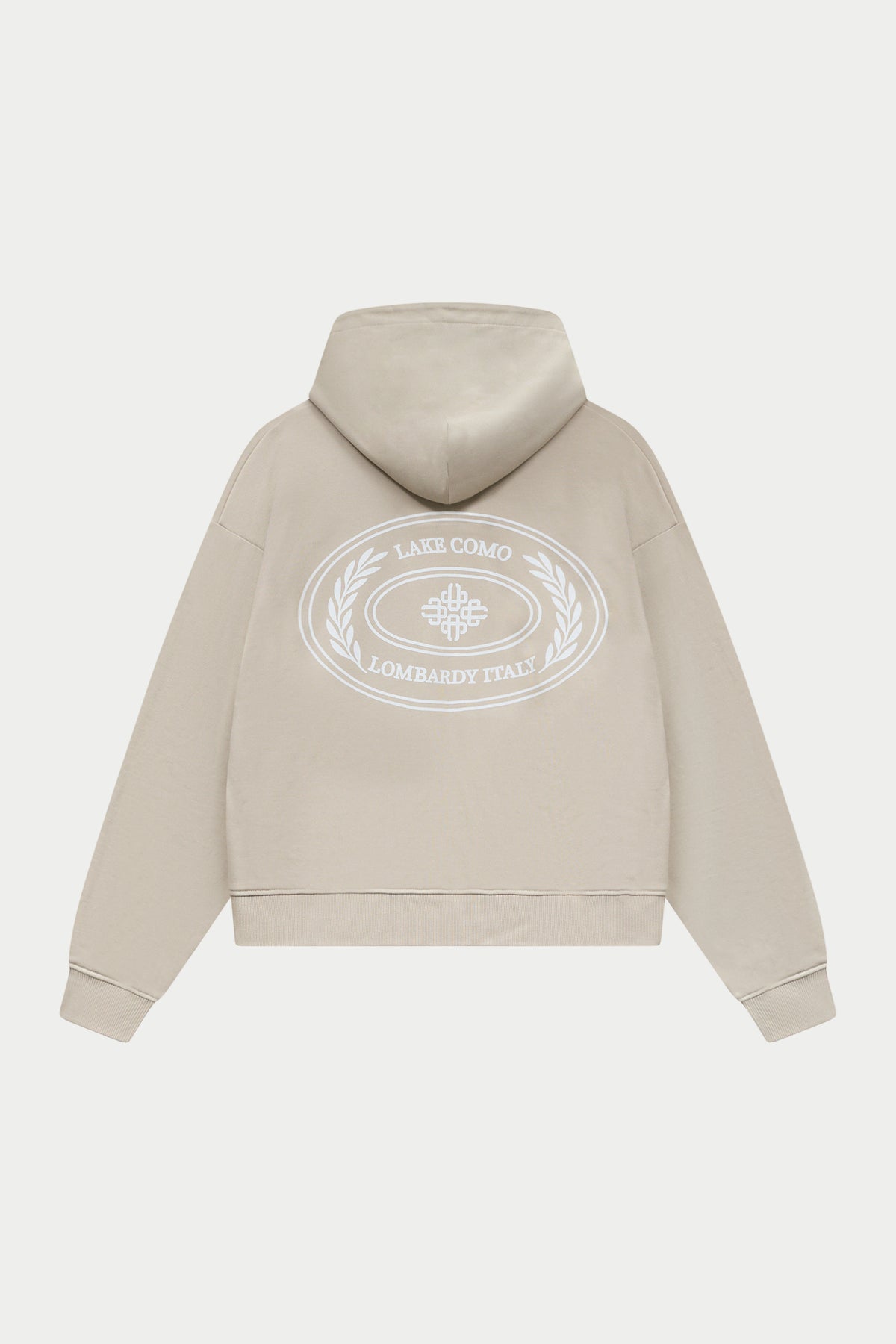 Beige hoodie with a logo on the back against a white background