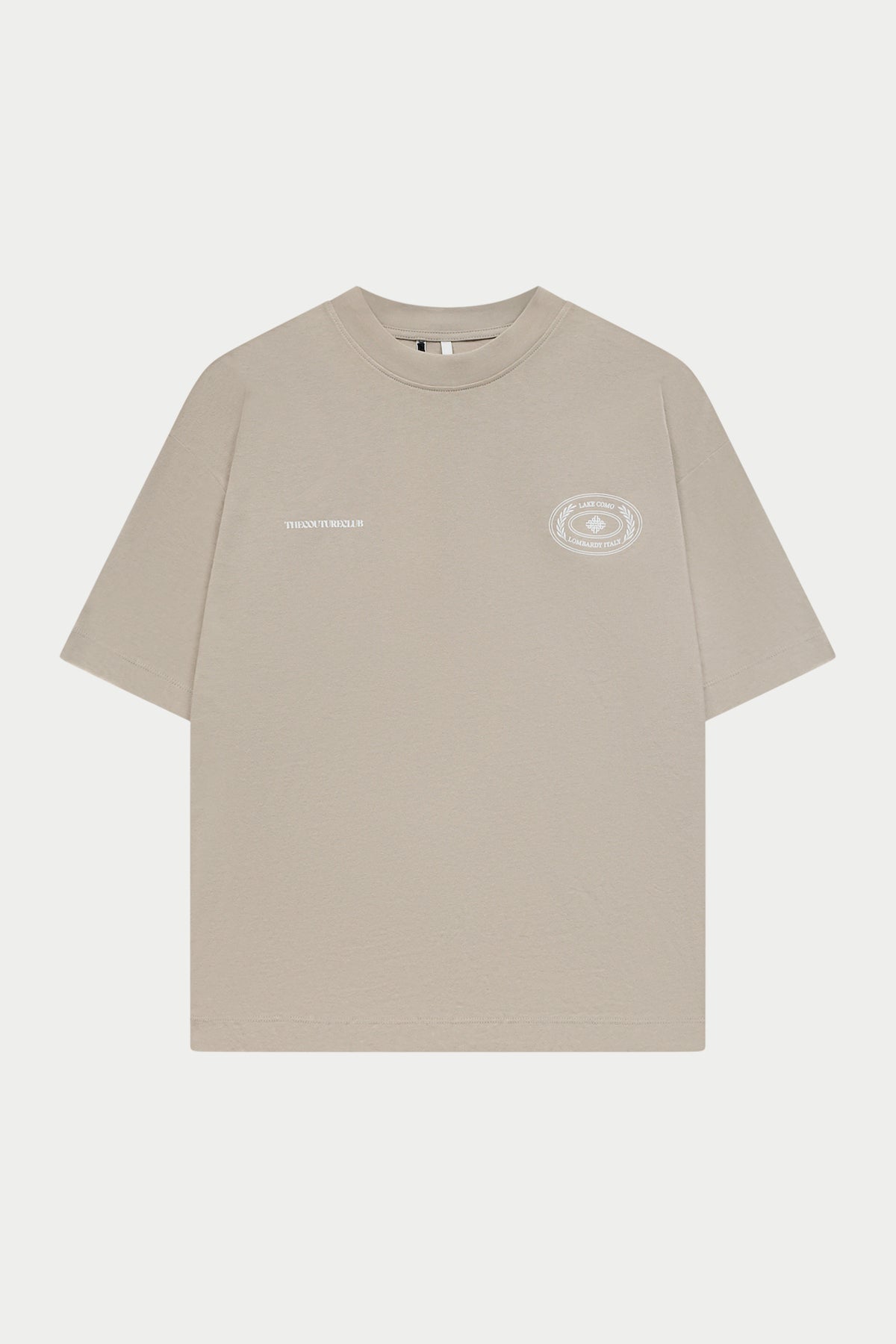 Beige t-shirt with small logo on a white background