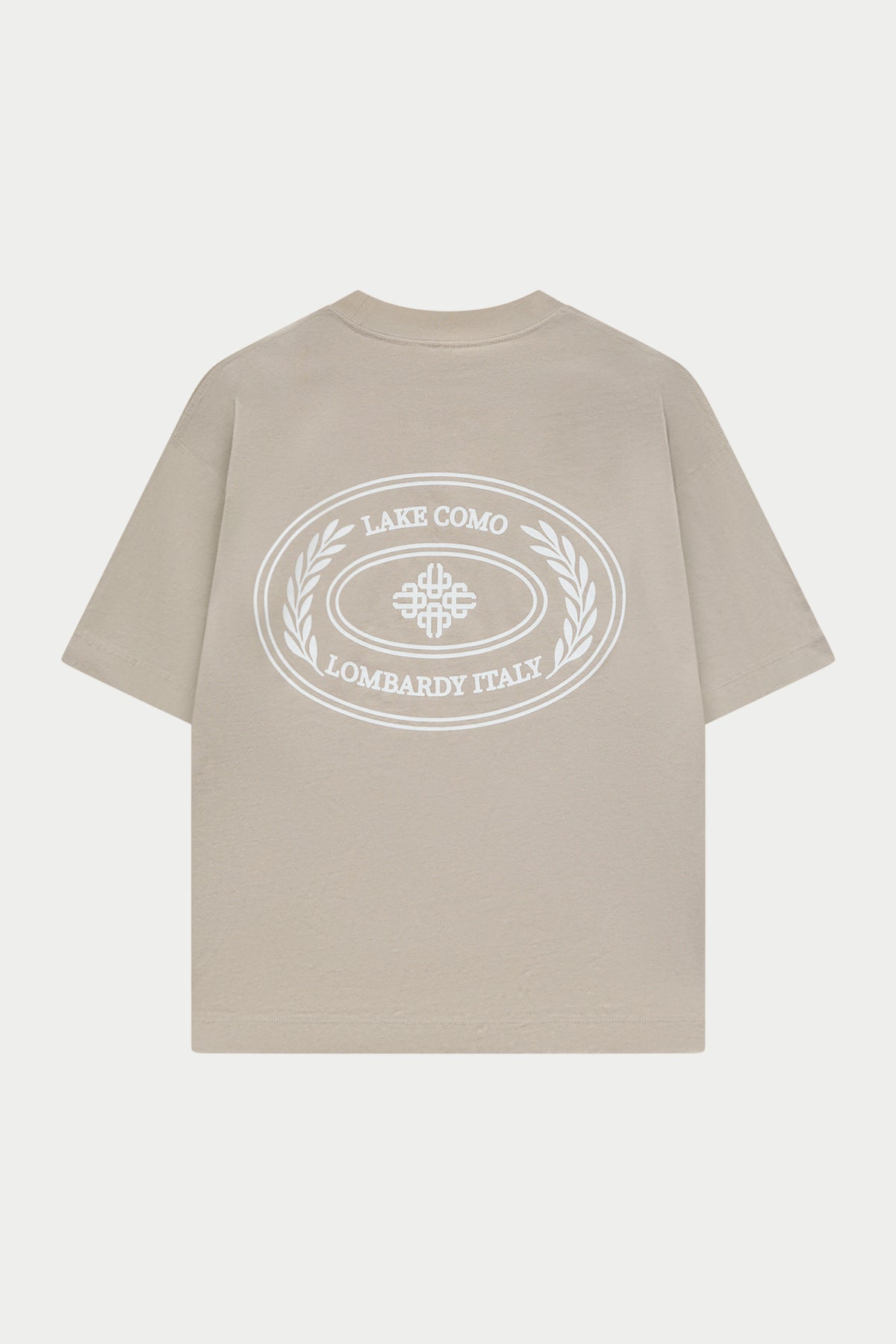 Beige t-shirt with white logo text on a white background
