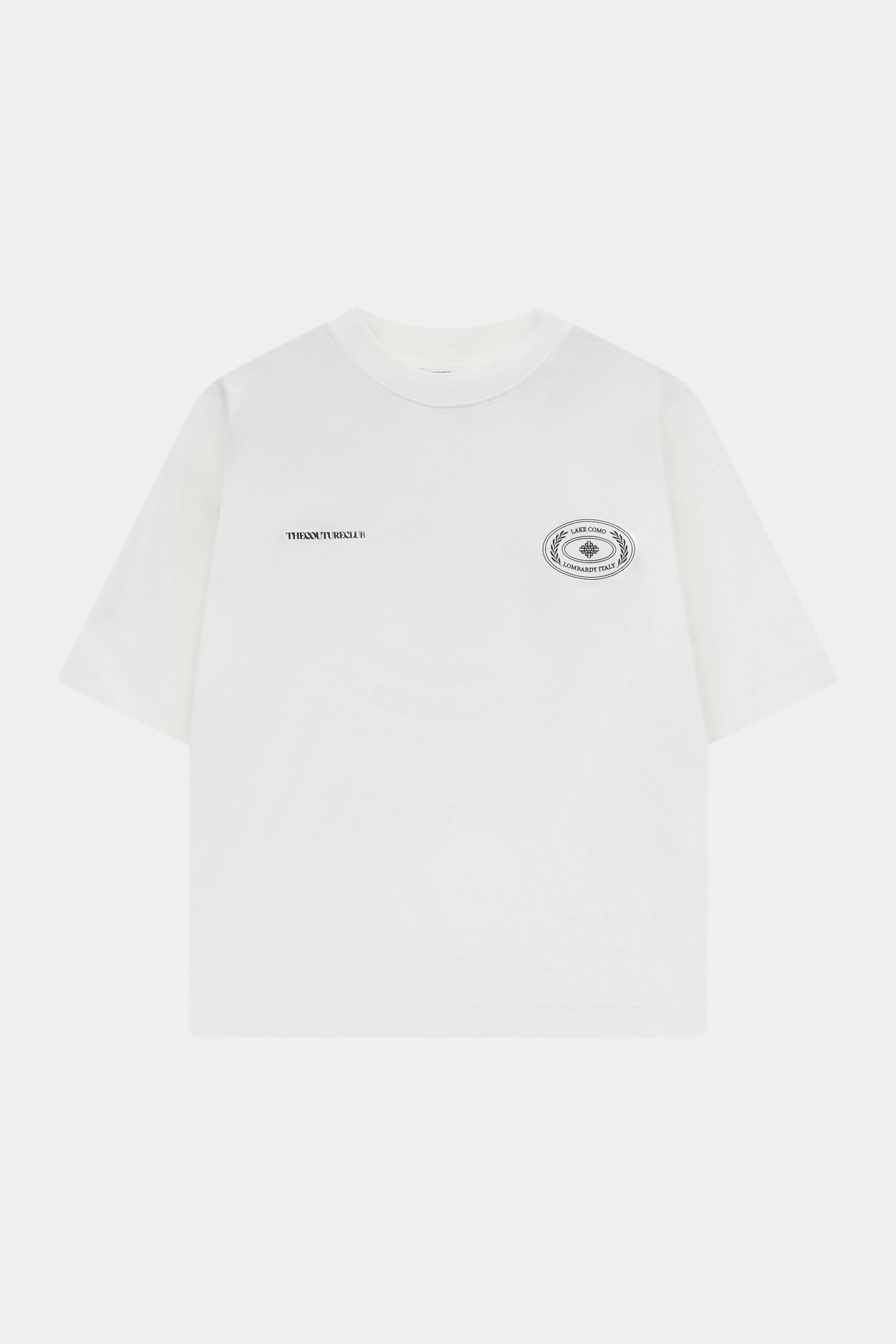 White t-shirt with small black text and logo on a white background
