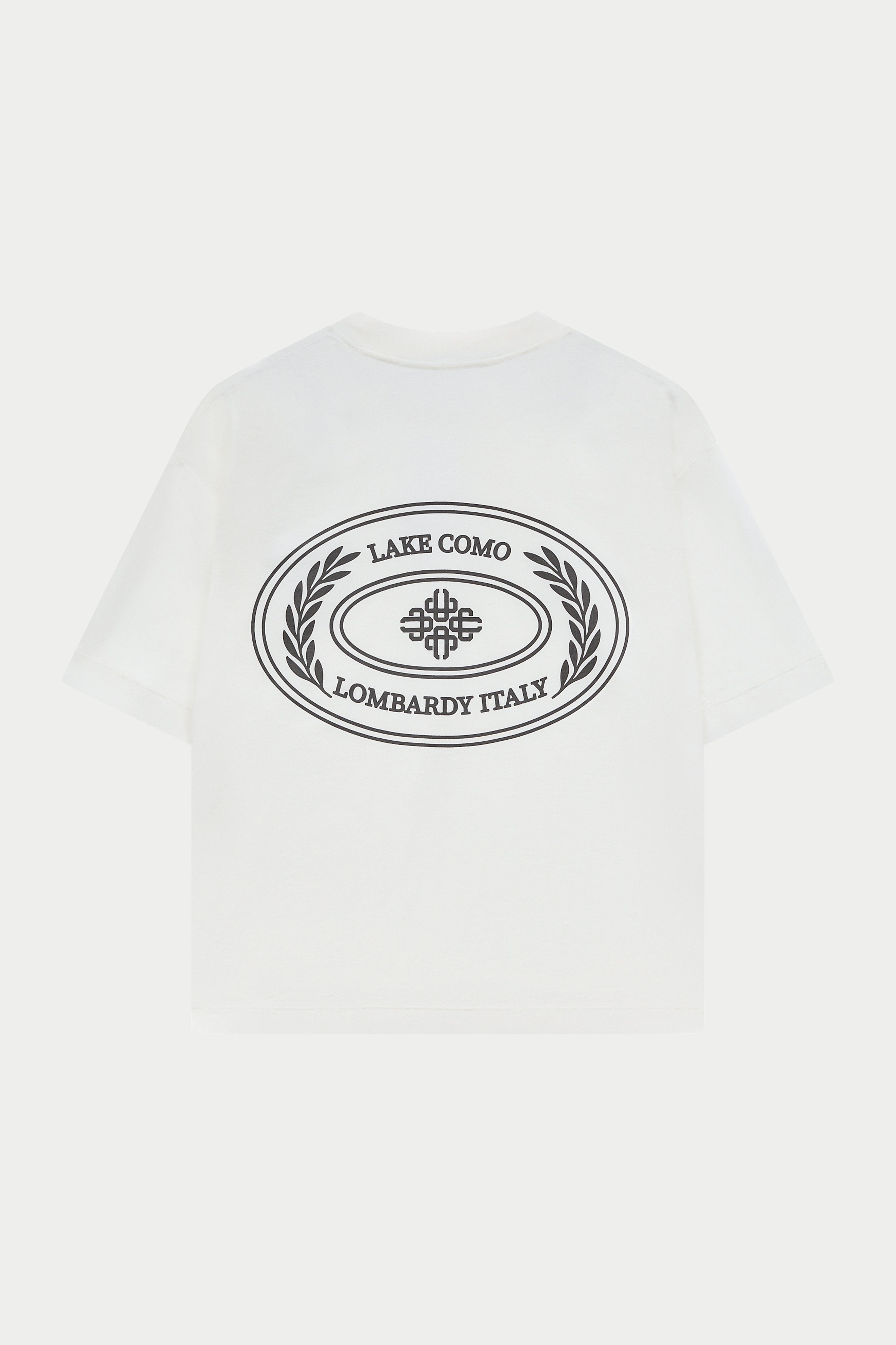 White t-shirt with 'Lake Como Italy' logo on a white background